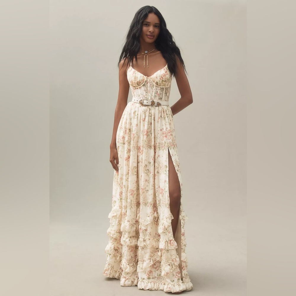 COPY - V. Chapman Carmen Corset Front-Slit Ruffled Gown